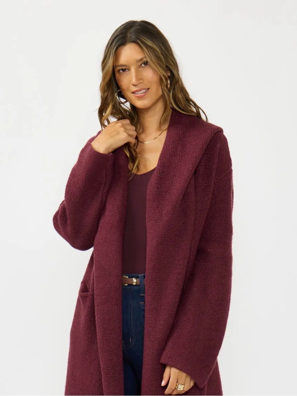 Cozy Women's Open-Front Cardigan Jacket - Burgundy